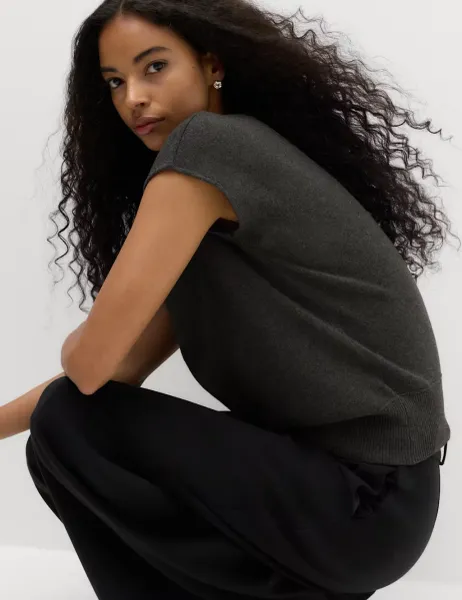 Marks & Spencer Draped Neck Knitted Top with Wool Charcoal