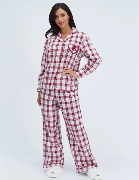 Boux Avenue Pure Cotton Checked Heart Pyjama Set Burgundy