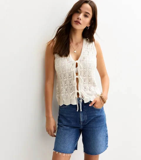 Women's White Crochet Knit Tie Front Vest