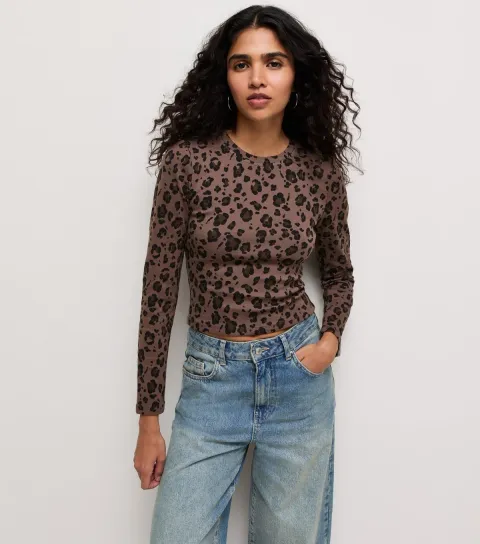 Women's Brown Cotton Rich Leopard Print Long Sleeve Baby Tee