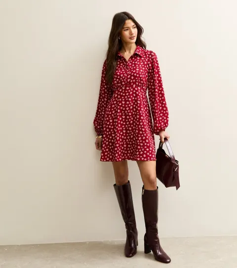New Look Women's Red Floral Long Sleeve Mini Shirt Dress
