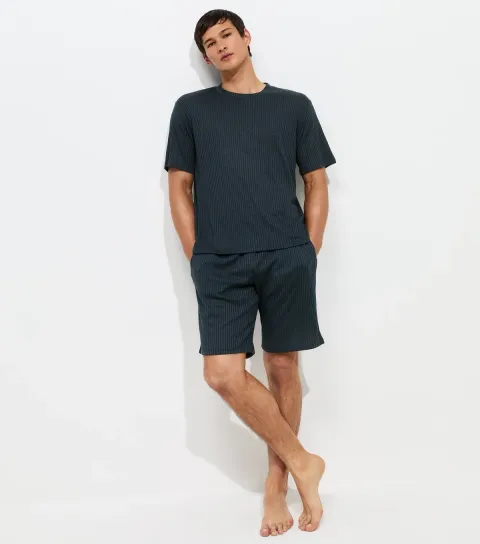 Men's Light Grey Ribbed T-Shirt and Shorts Lounge Set