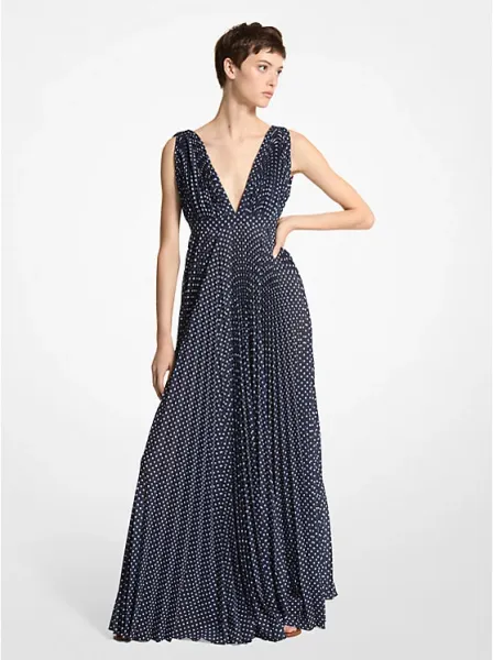 Michael Kors Polka Dot Georgette Pleated Gown