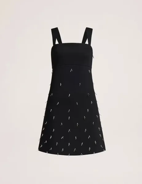 Beaded Square Neck Mini Shift Dress Black
