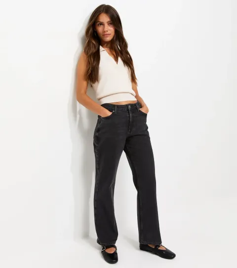 Women's Petite Black Anica Straight Leg Jeans