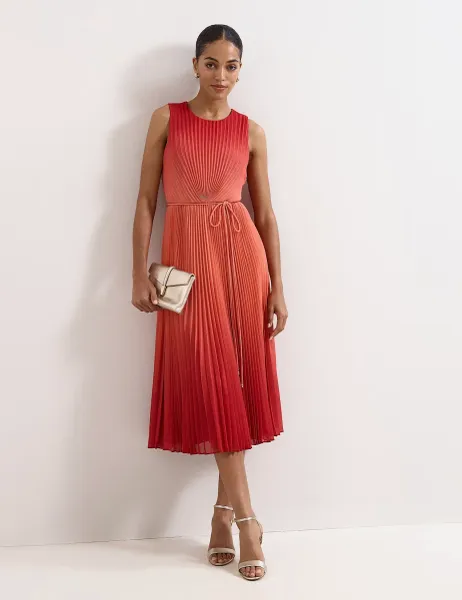 Phase Eight Ombré Crew Neck Pleated Midi Skater Dress Red Mix
