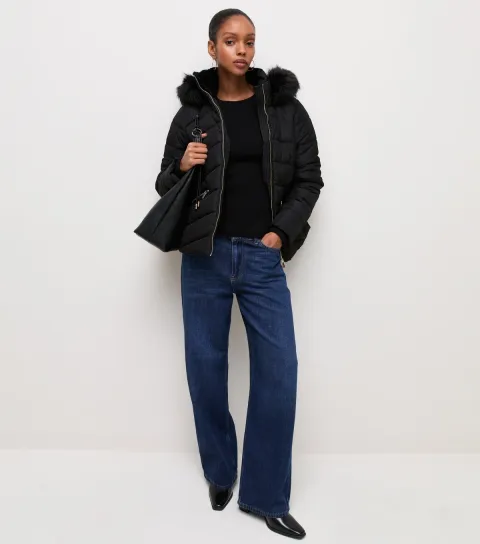 Women's Black Faux Fur Hooded Puffer Jacket