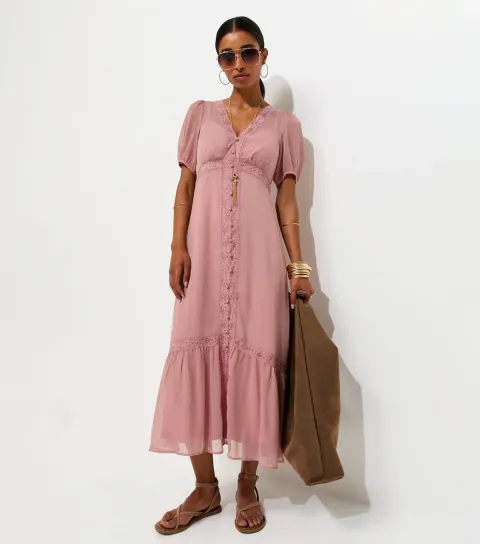 Women's Pale Pink Chiffon Button Through Midi Dress