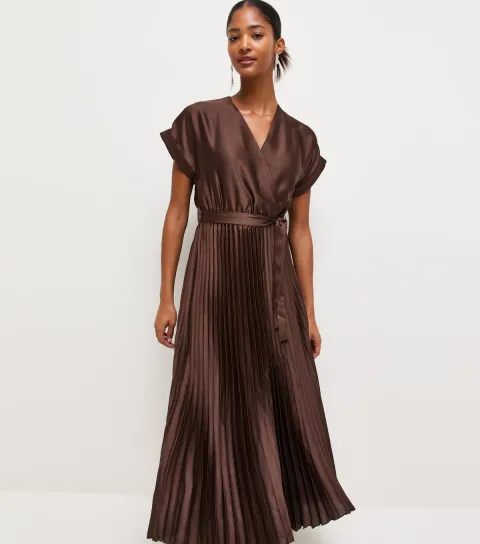 Women's Dark Brown Satin Pleated Wrap Midi Dress