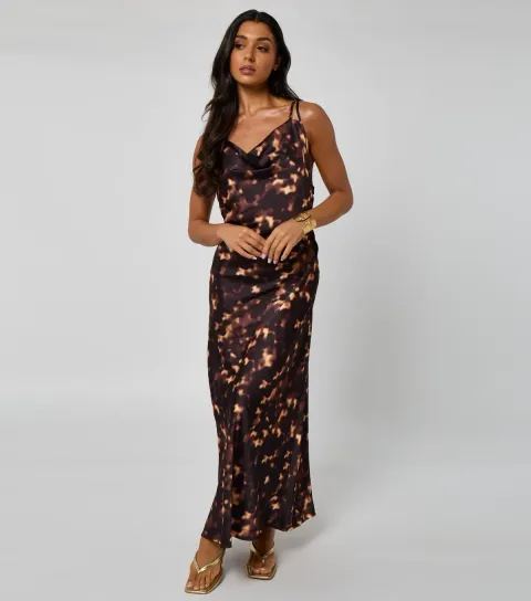 Women's Brown Pattern Cowl Neck Maxi Dress