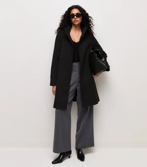 New Look Women's Black Woven Funnel Neck Button Coat