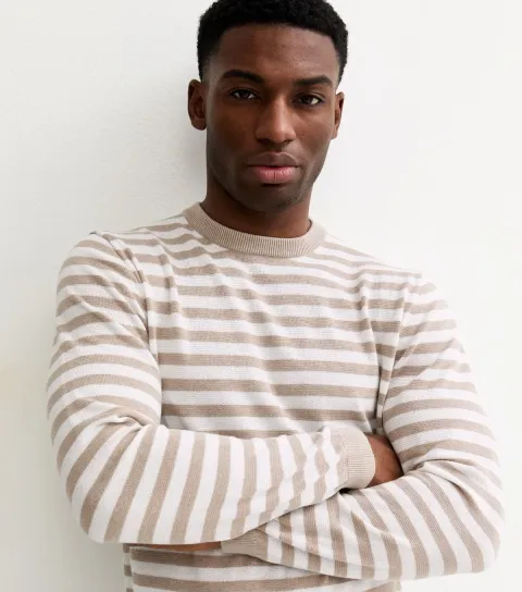 Men's Stone Striped Knit Crew Neck Jumper