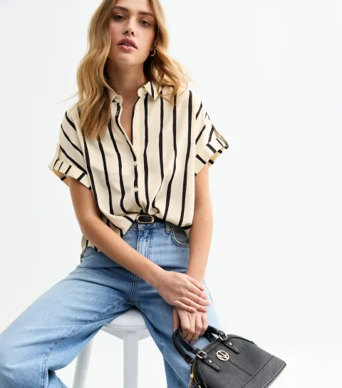 Women's Cream Striped Short Sleeve Shirt