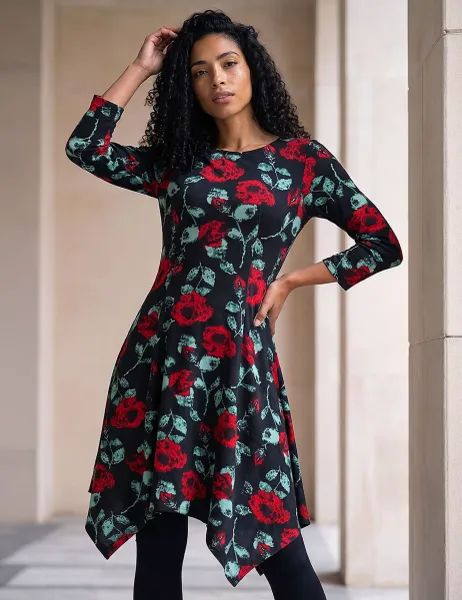 Roman Floral Knee Length Skater Dress Black