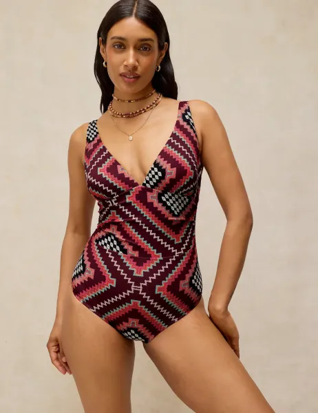 White Stuff Patterned Tie Detail Plunge Swimsuit Purple Mix