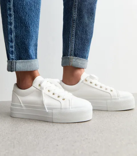 Women's White Platform Sole Pebbled Faux Leather Trainers Vegan