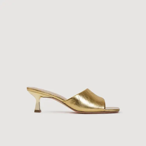 Heeled metallic leather mules