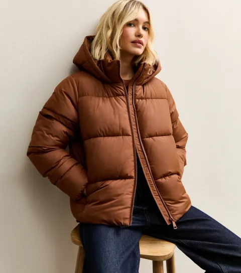 Women's Tan Hooded Cropped Puffer Jacket