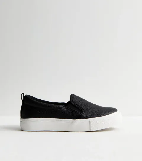 Women's Black Leather-Look Slip On Trainers