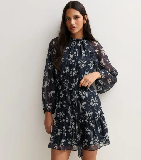 New Look Women's Blue Chiffon Ditsy Print Lurex Belted Mini Dress