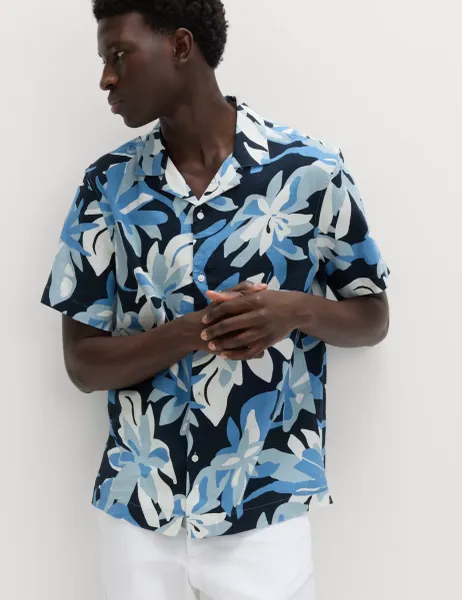 Marks & Spencer Linen Rich Hawaiian Shirt Navy Mix