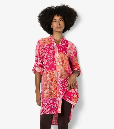 Women's Pink Floral Patchwork Longline Shirt