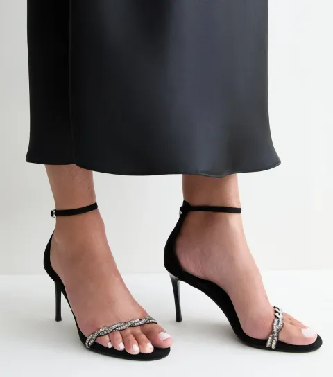 New Look Women's Black Faux Suede Twisted Diamante Strap Stiletto Sandals Vegan