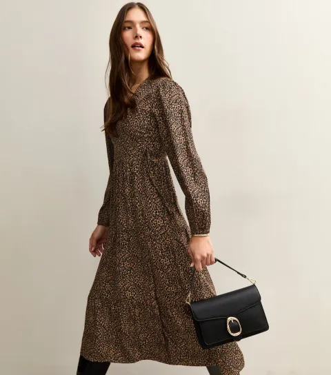 Women's Brown Crepe Animal Print Wrap Midi Dress