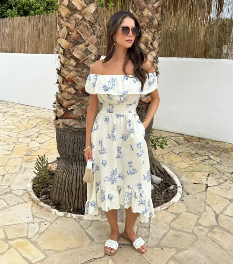 Women's Blue Beach Print Bardot Frill Midi Dress