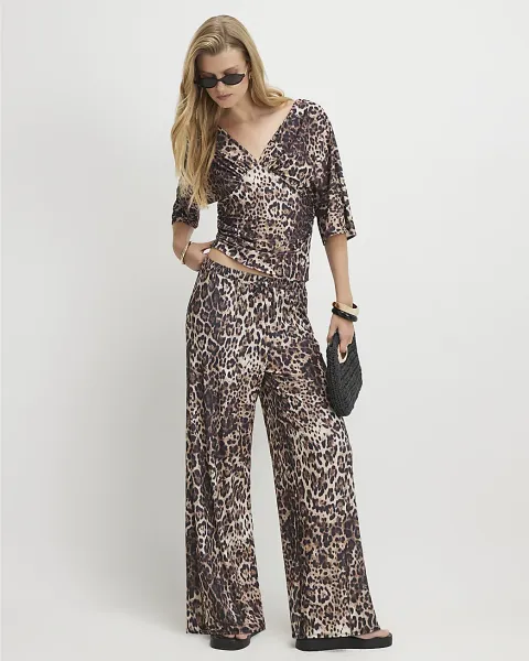 River Island Leopard Drawstring Wide Leg Trousers