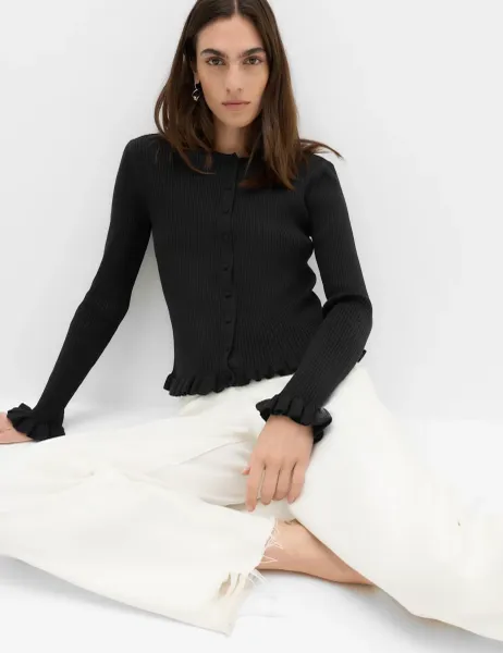 Marks & Spencer Ribbed Frill Detail Slim Fit Cardigan Black