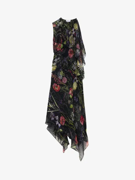 Meadow Floral Print Asymmetric Evening Dress
