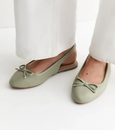 Women's Wide Fit Faux Leather Light Green Slingback Ballet Pumps Vegan