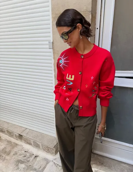 Never Fully Dressed Embroidered Crew Neck Relaxed Cardigan Red Mix