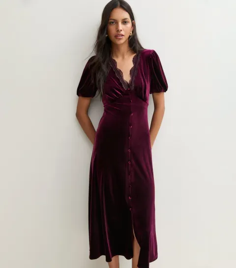 New Look Women's Dark Burgundy Velvet Lace Trim Empire Line Midi Dress