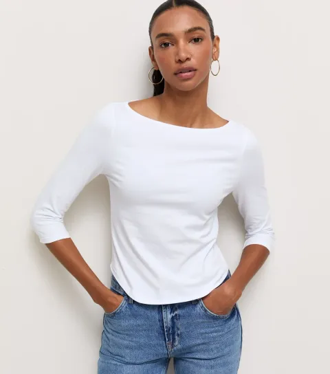 New Look Women's White Cotton Rich Cropped Sleeve Slash Neck Top
