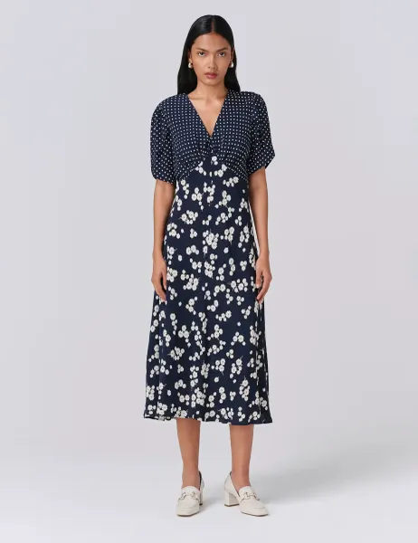 Ghost Printed V-Neck Midi Tea Dress Navy Mix