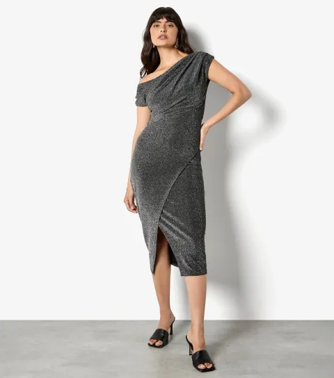 Women's Silver Drape Shoulder Wrap Midi Dress