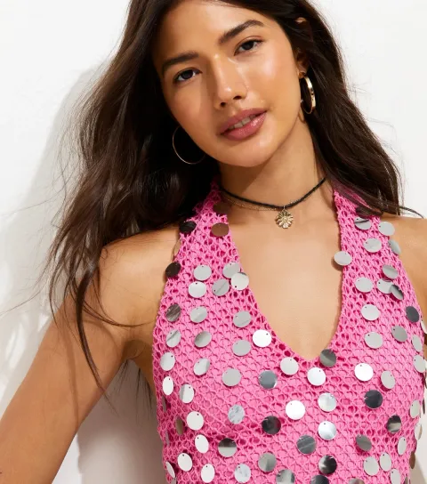 Women's Bright Pink Festival Sequin Halter Top