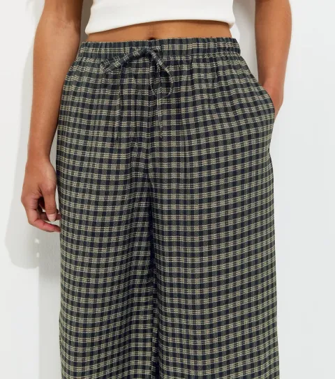 Women's Petite Blue Check Pattern Wide Leg Trousers