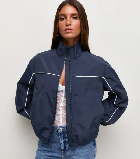 Women's Navy Piped Trim Funnel Neck Windbreaker Jacket