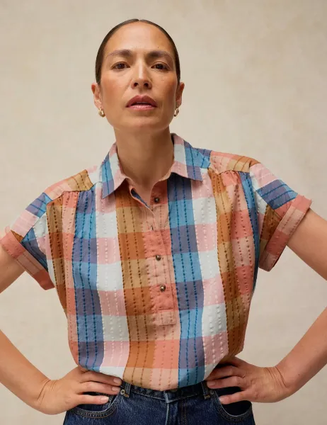 White Stuff Cotton Rich Checked Popover Blouse Pink Mix