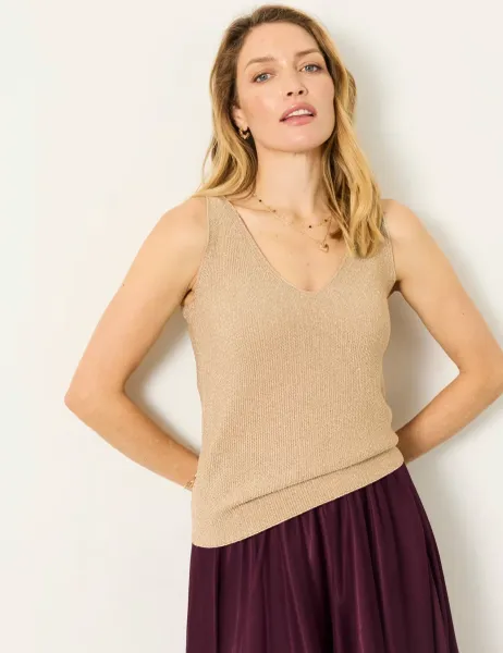 FatFace Sparkly V-Neck Vest Top Gold