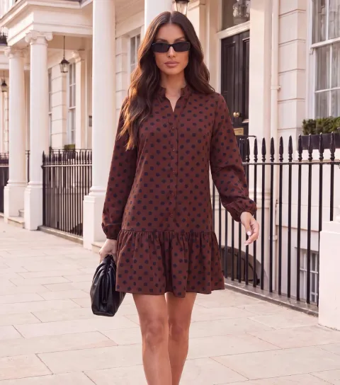 Women's Brown Polka Dot Smock Mini Dress