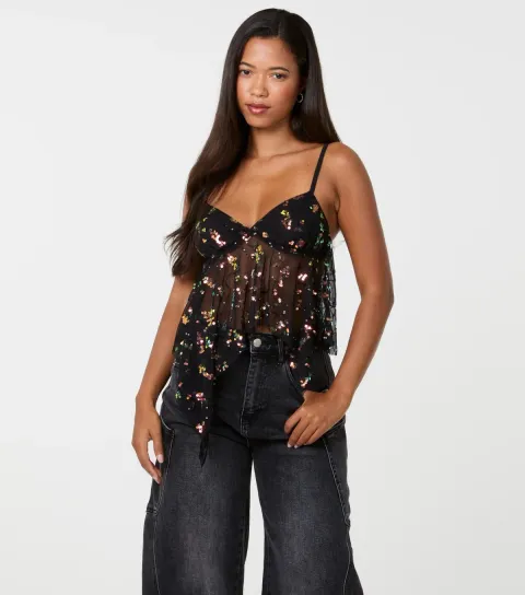 Pink Vanilla Women's Black Mesh Sequin Babydoll Top