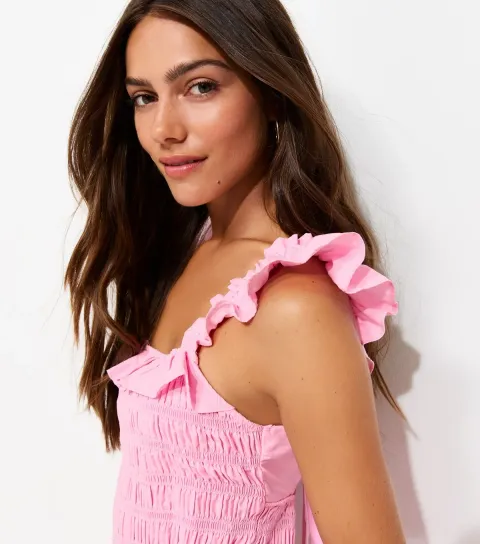 Women's Petite Light Pink Cotton Tie Back Shirred Midi Dress