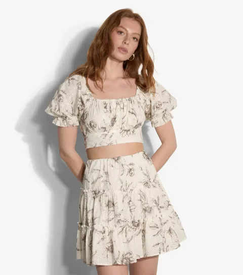 Women's Stone Cotton Broderie Anglaise Tiered Mini Skirt