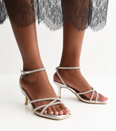 Women's Wide Fit Silver Diamante Embellished Strappy Heeled Sandals Vegan