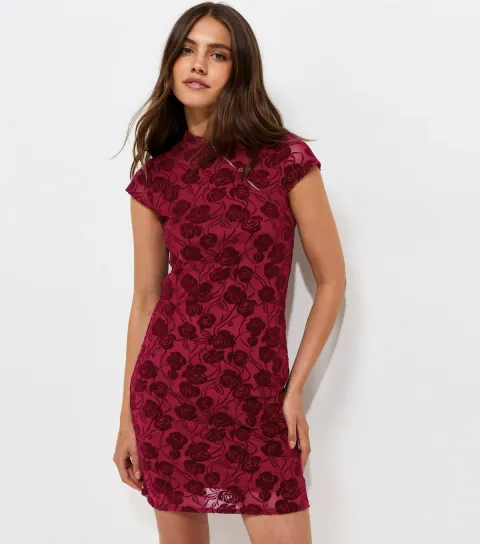 Women's Dark Burgundy Floral Flocked Double Keyhole Mini Dress