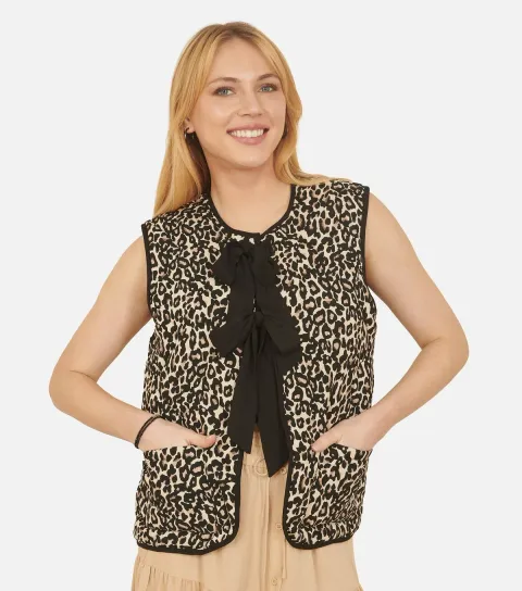 Women's Brown Leopard Print Quilted Ribbon Tie Waistcoat